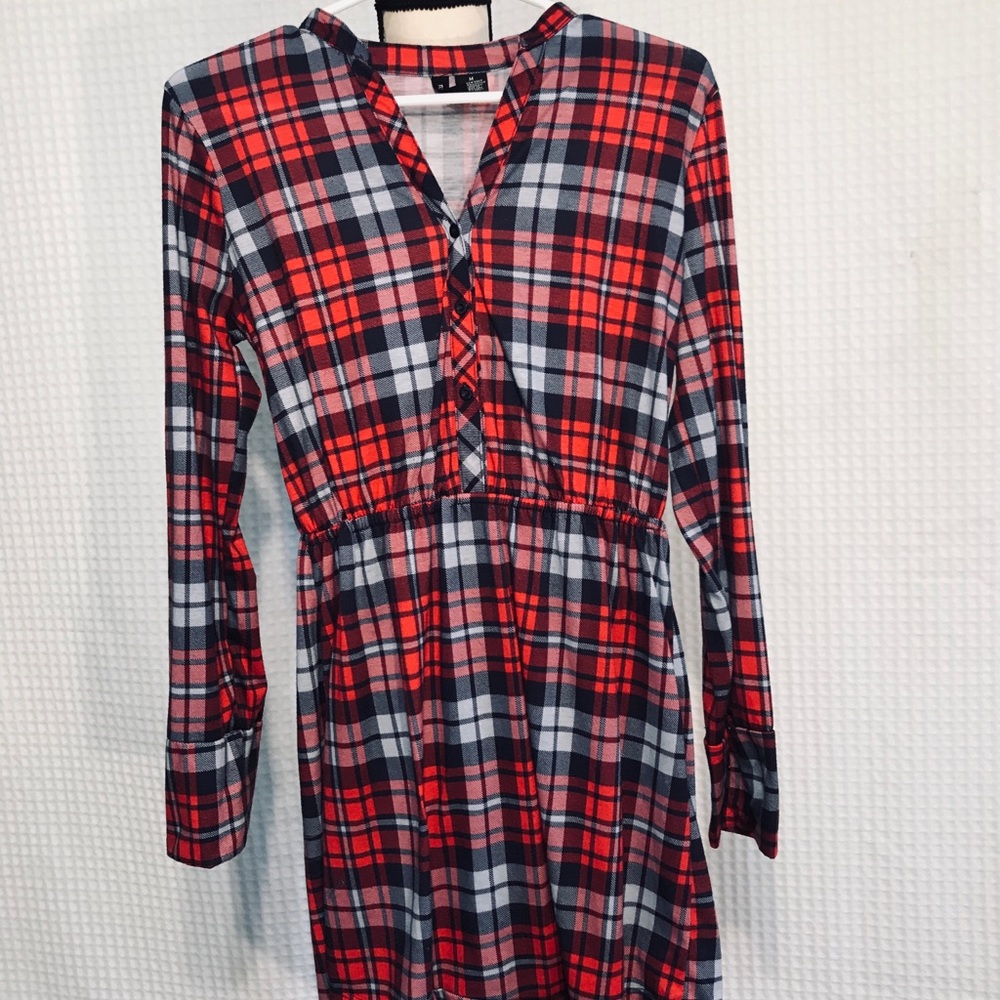 No Connect Red Navy Flannel Buttonup Dress